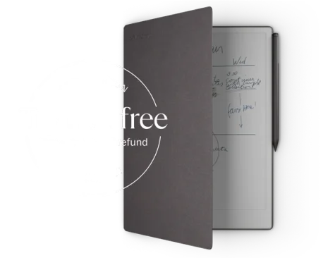 A reMarkable paper tablet with a Basalt Book Folio in Mosaic Weave, also showcasing a satisfaction guarantee.