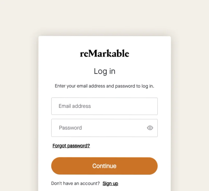 reMarkable login screen with email address and password input fields.