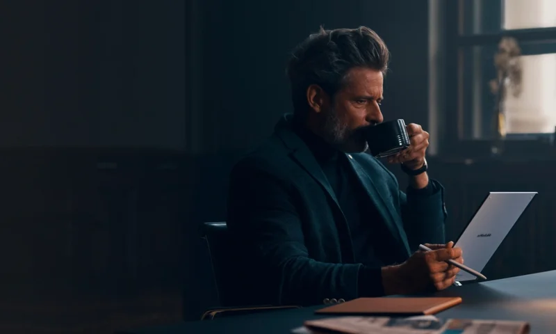 Man drinking coffee while using reMarkable paper tablet with Marker.