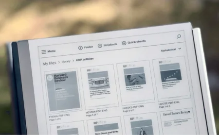 A reMarkable paper tablet displaying "HBR articles" with multiple document thumbnails.