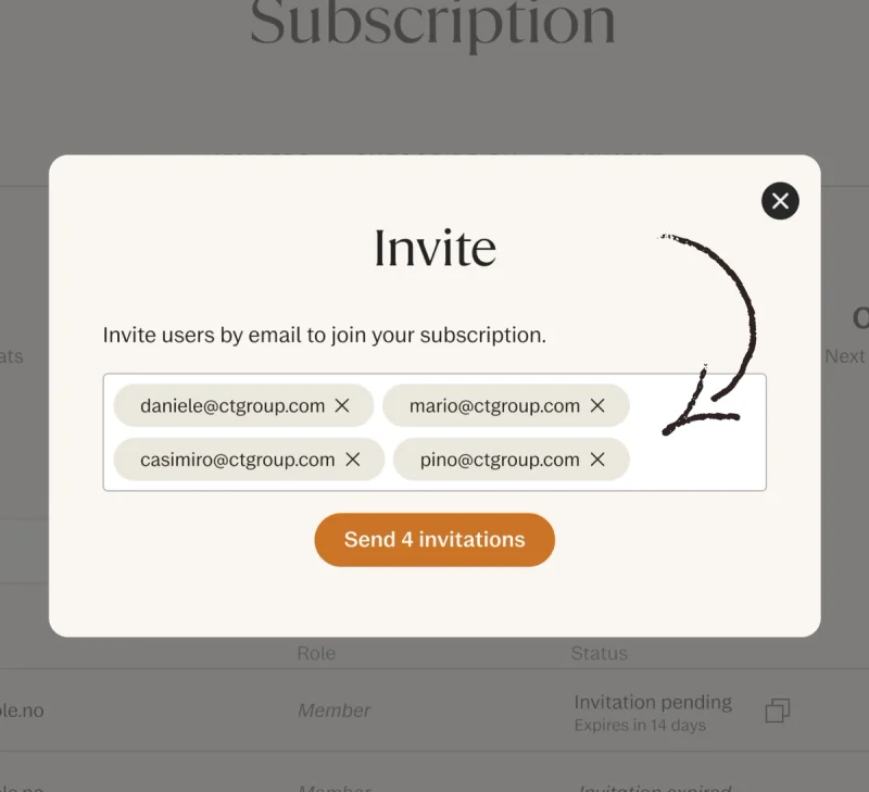 Invite users window with email addresses.