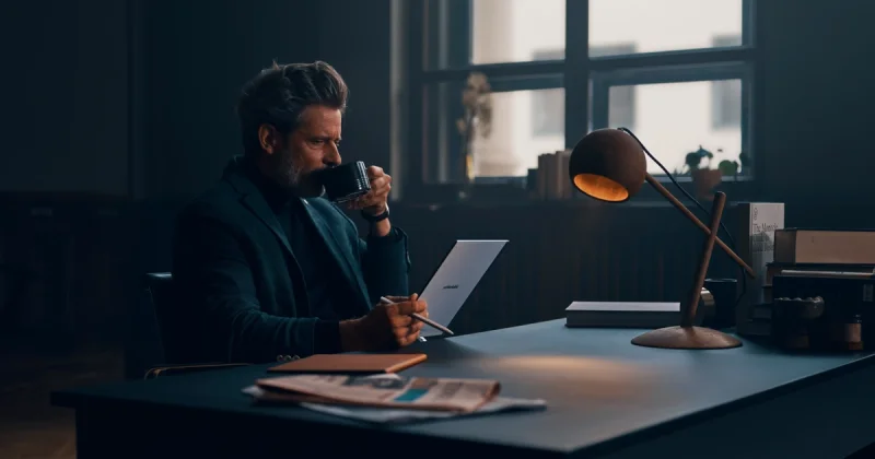 Man drinking coffee with reMarkable paper tablet. Newsprint and lamp on desk in moody office.