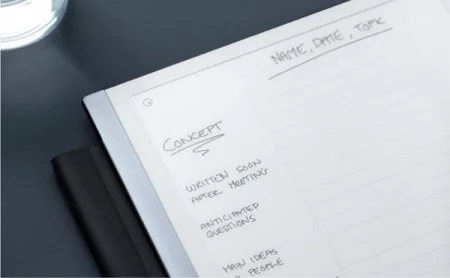 A reMarkable paper tablet showing meeting notes.