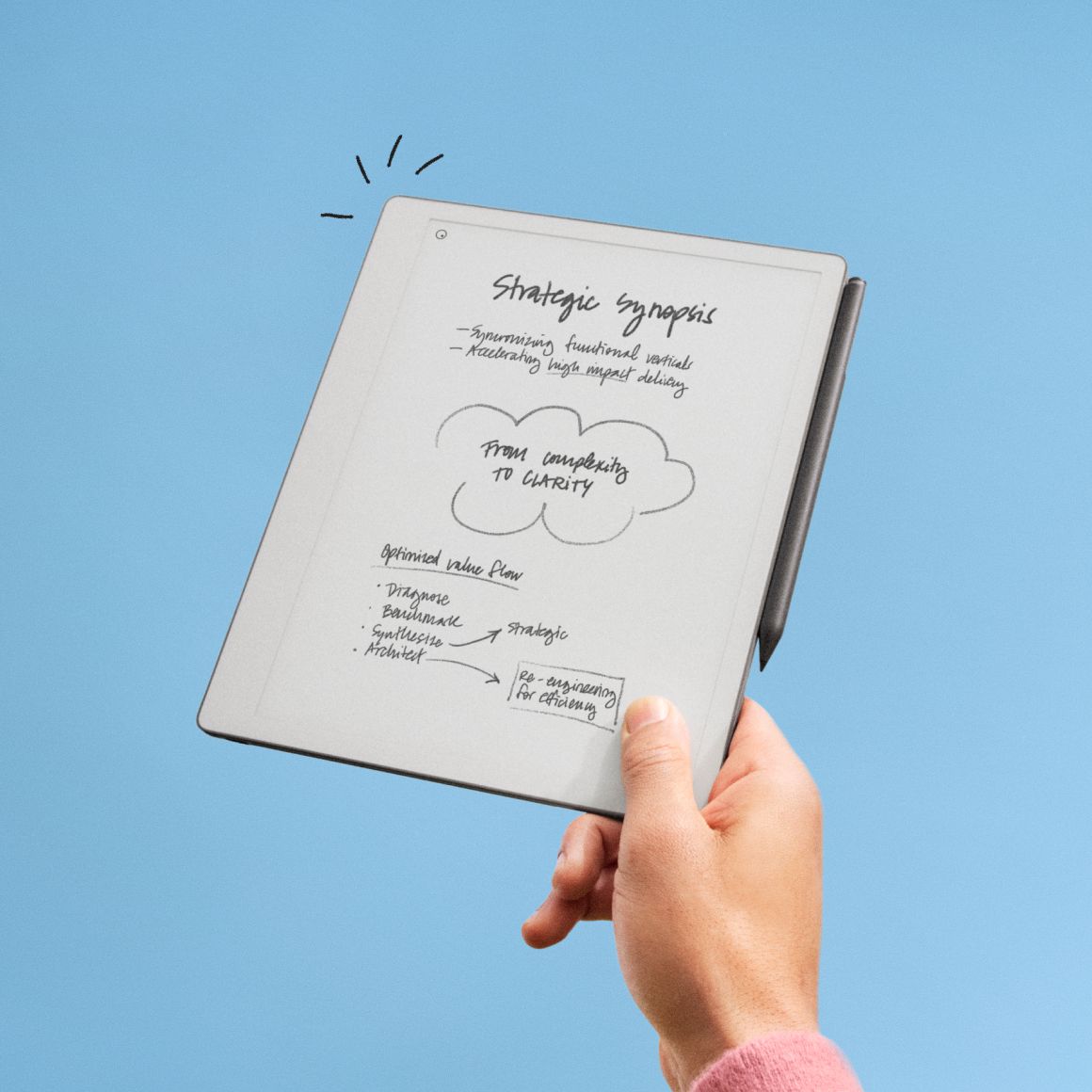 reMarkable Paper Pure paper tablet is being held up in the air by one hand