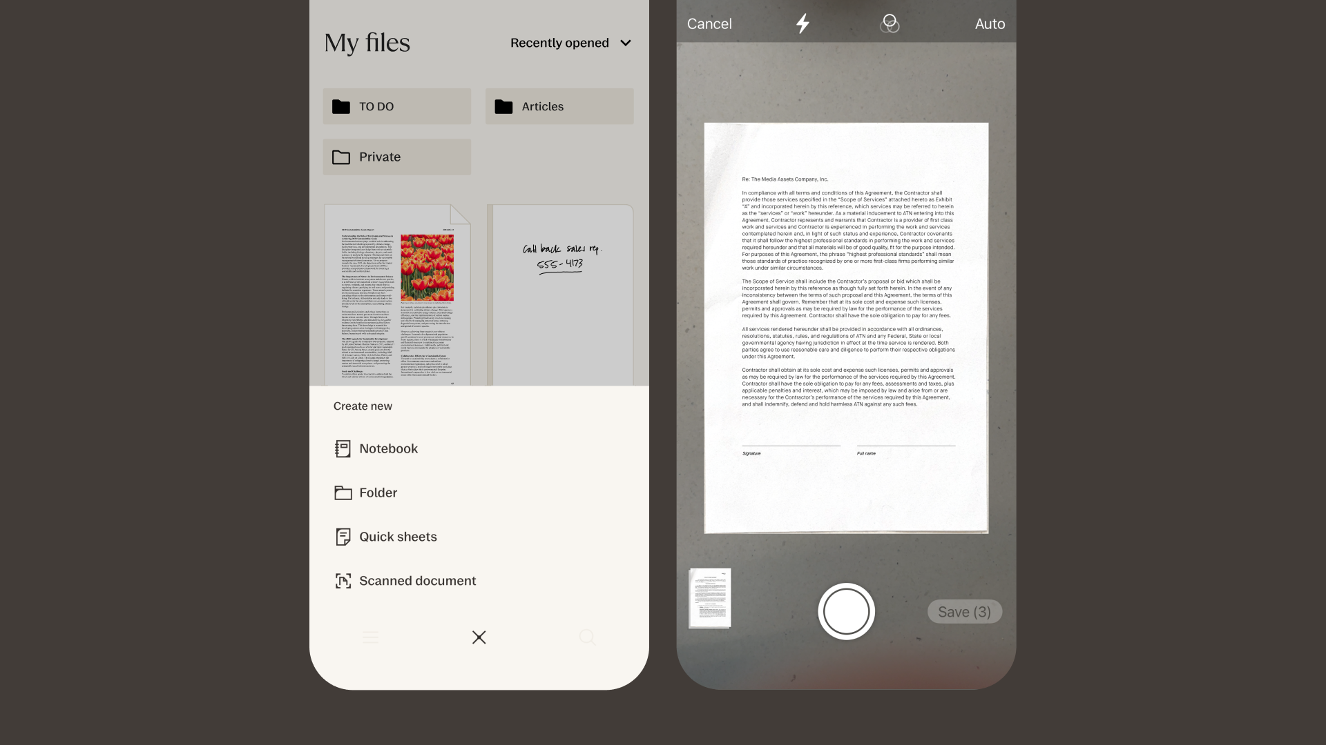A reMarkable paper tablet scanning documents with the on-screen interface.