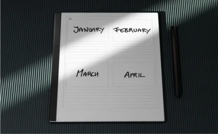 A reMarkable paper tablet displaying The Four storyboards template for January to April with a Marker resting beside it.
