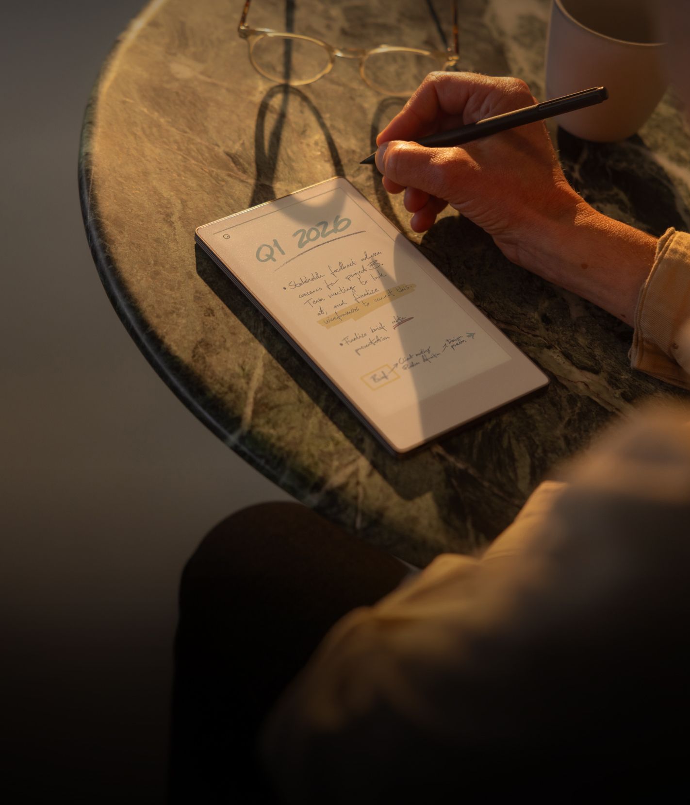 A reMarkable paper tablet showing notes being written with the Marker.