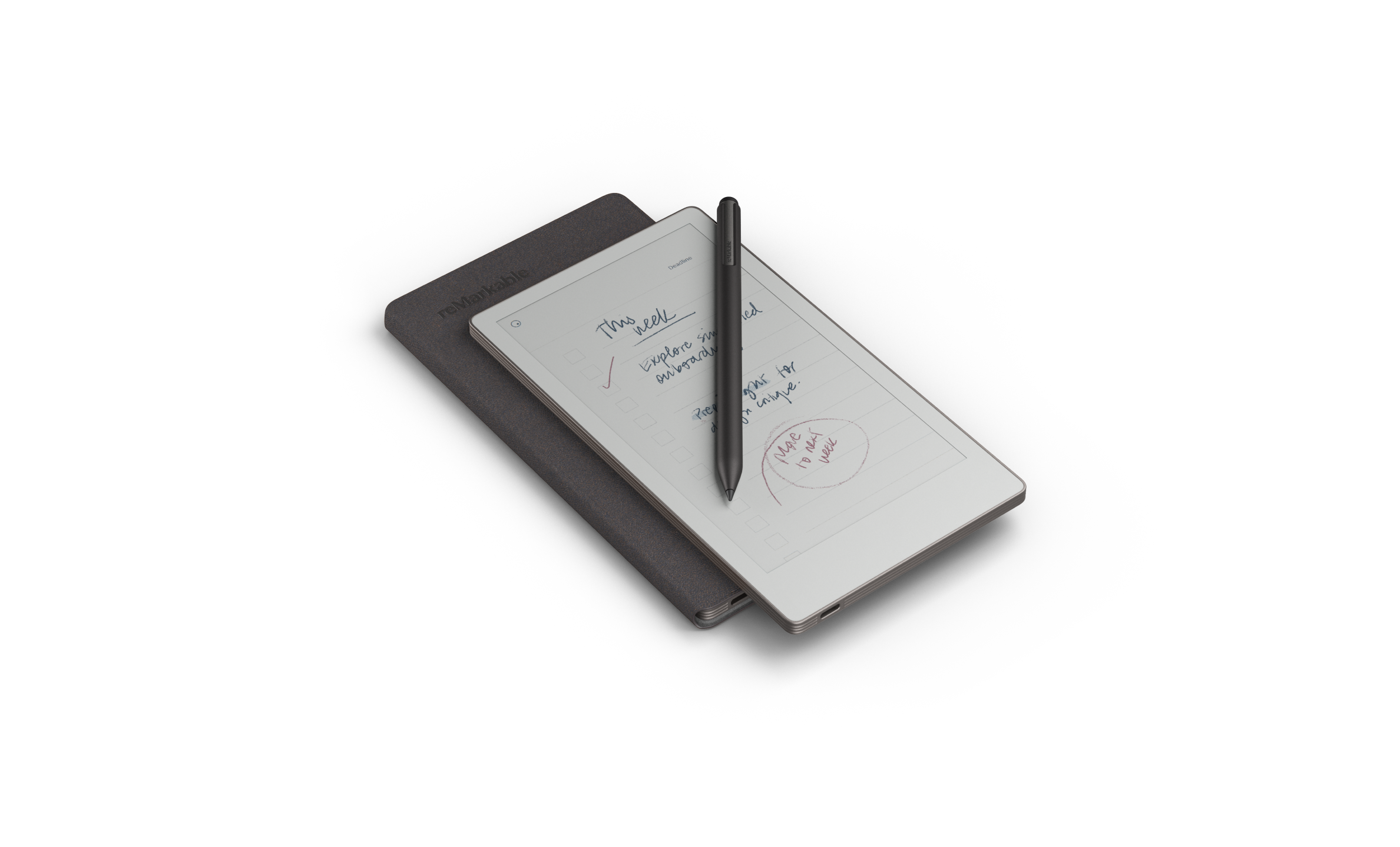 reMarkable Paper Pro Move with Marker Plus and Basalt Mosaic Weave Folio overview