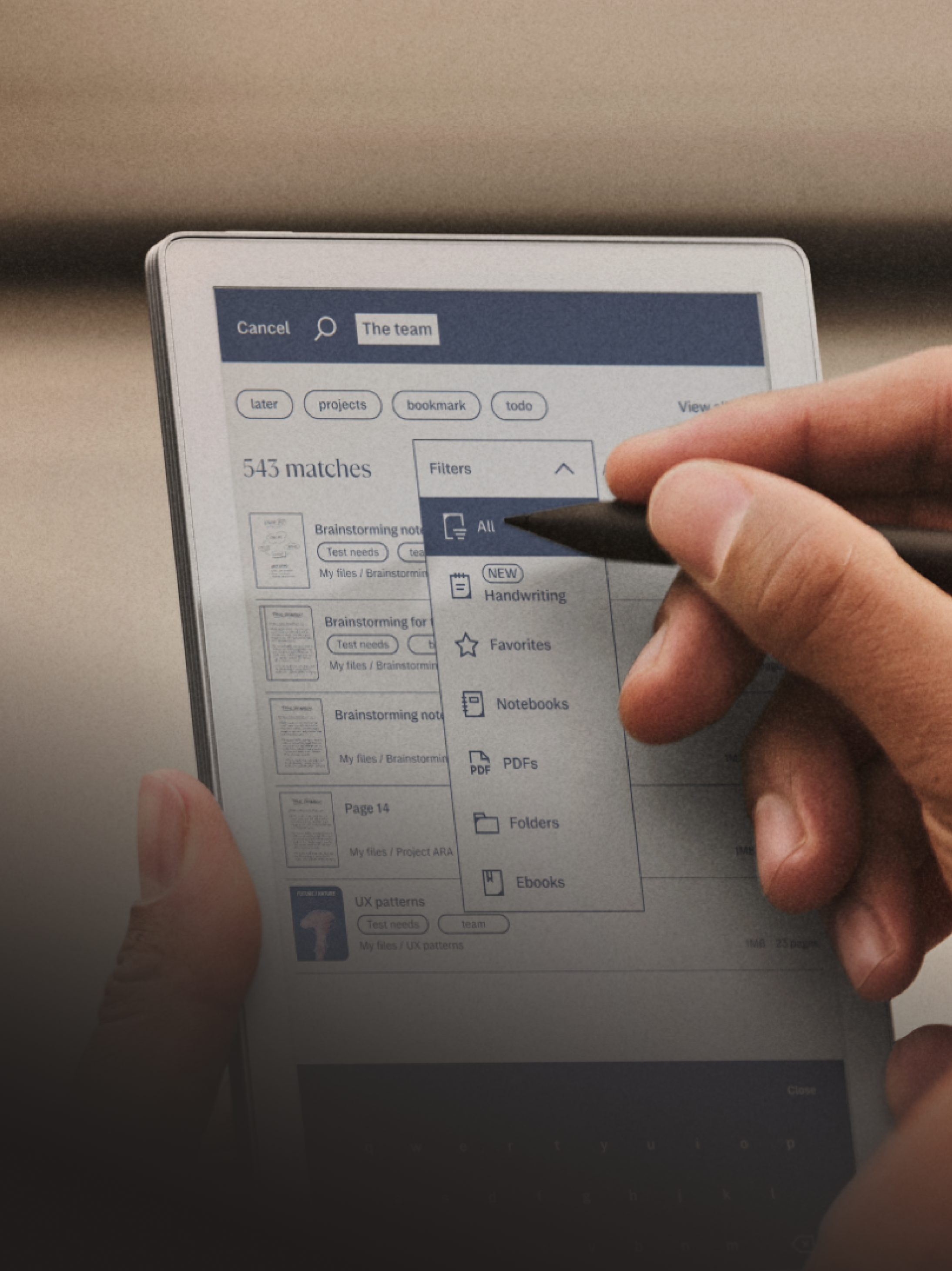 reMarkable paper tablet, Marker selecting filter option.