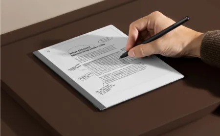 A reMarkable paper tablet displaying notes being annotated with the Marker.