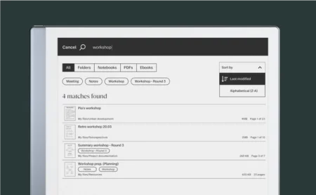 Search results on a reMarkable 2, showing the new "Sort by" feature.