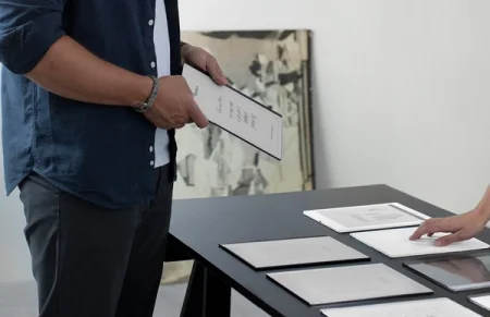 Man holds reMarkable paper tablet with several test devices on a table.