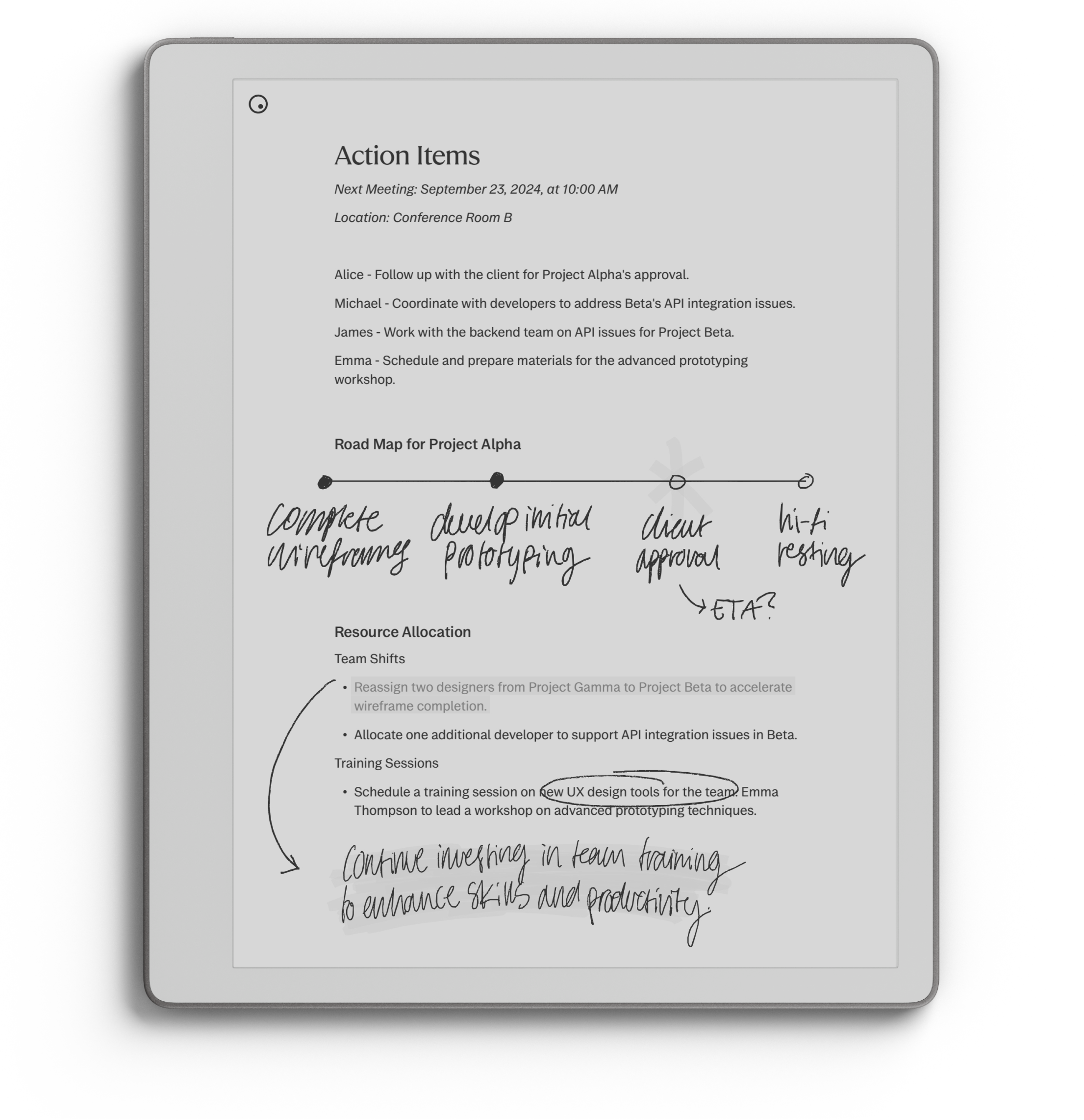A reMarkable Paper Pure with a document of mixed type and handwriting.