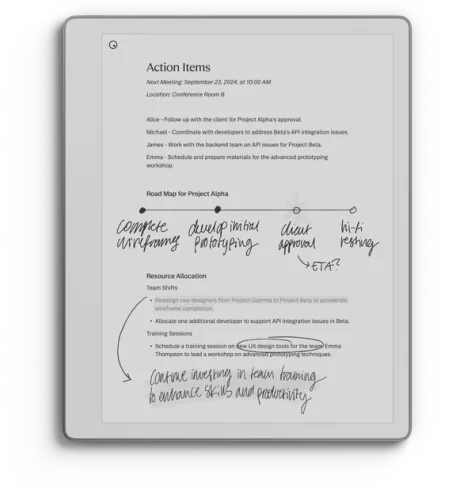 A reMarkable Paper Pure with a document of mixed type and handwriting.