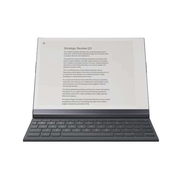 Type Folio with reMarkable 2 tablet in a high upright position.