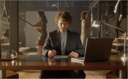 Man using a reMarkable 2 paper tablet on a desk, working with the Marker in an office.