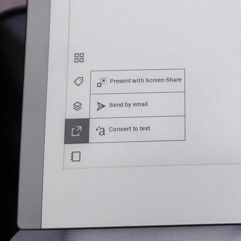 reMarkable paper tablet showing options for sharing and converting text.