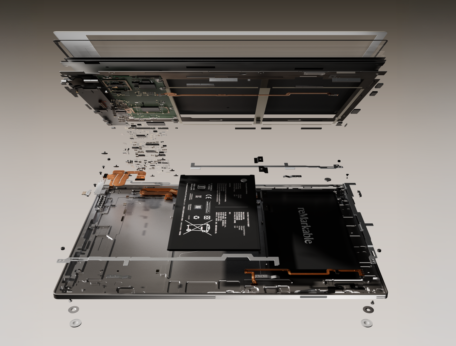 An exploded render of all the components inside a reMarkable Paper Pro.