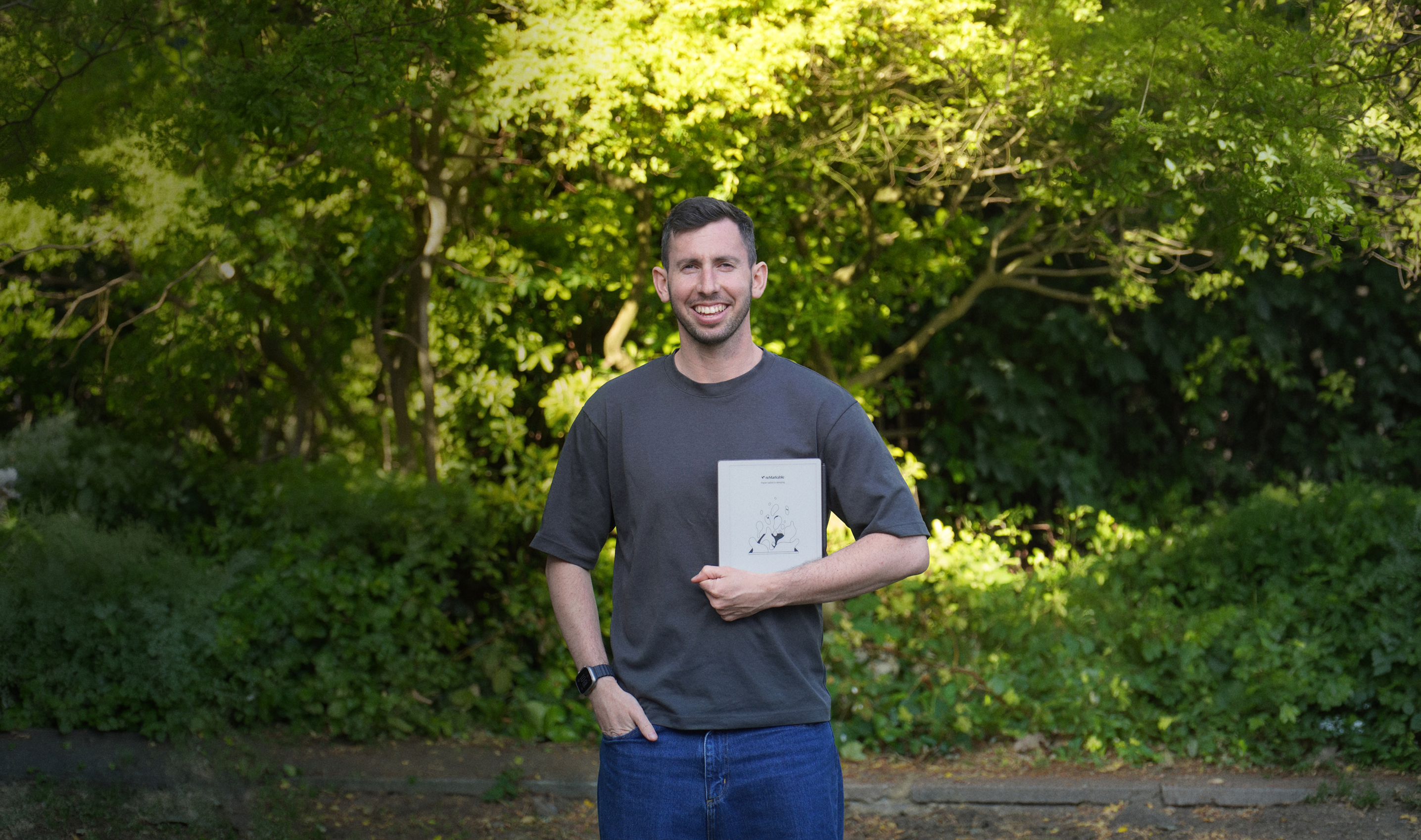 Gabriel Nussbaum holding his reMarkable Paper Pure tablet.