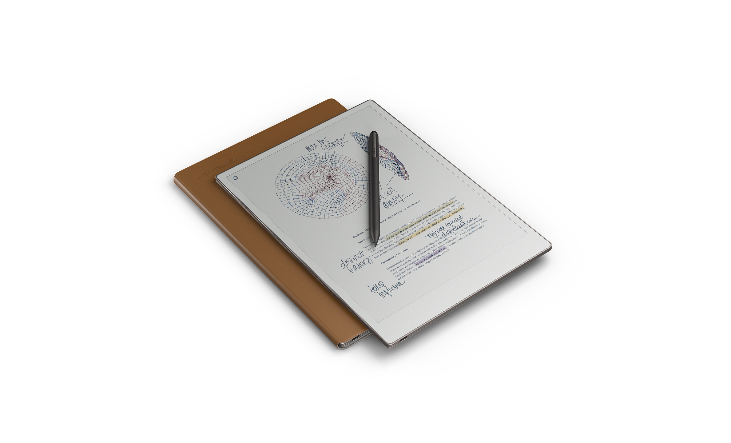 reMarkable Paper Pro with Marker Plus and brown leather folio, marker on top of device