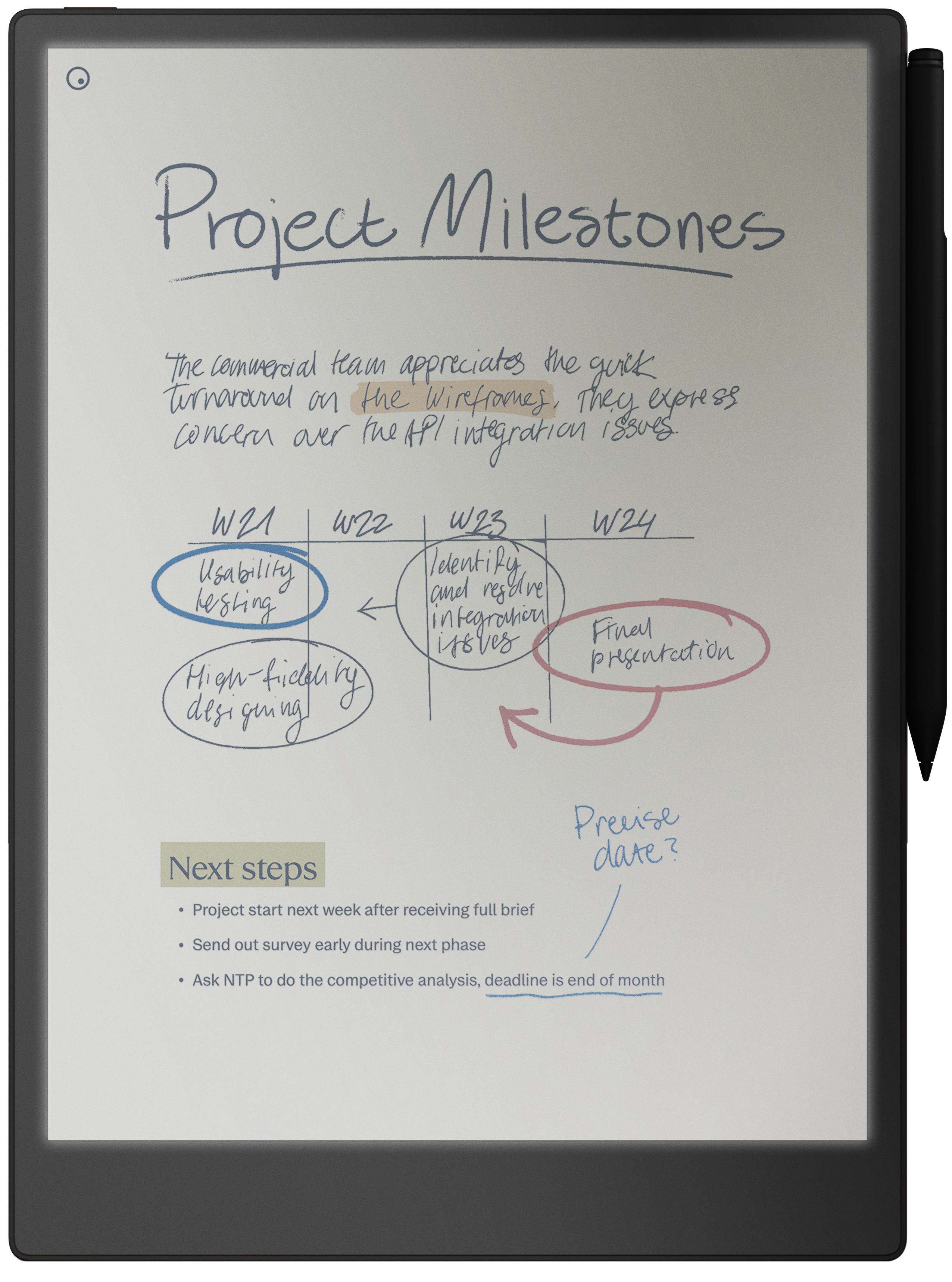 reMarkable Paper Pro tablet with brightness on in a dark setting, showing handwritten project milestones with Marker magnetically attached.