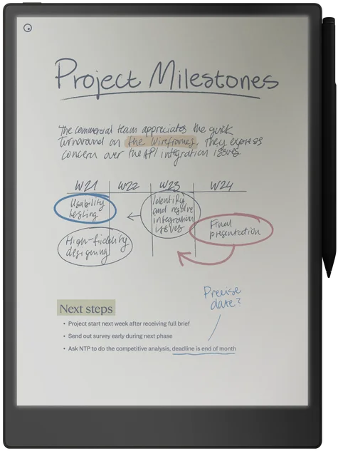 reMarkable Paper Pro tablet with brightness on in a dark setting, showing handwritten project milestones with Marker magnetically attached.