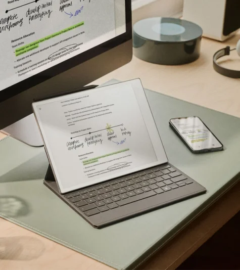 The reMarkable ecosystem shown on three devices: a desktop computer, a reMarkable Paper Pro, and a smartphone. All three screens display the exact same document, demonstrating how the Connect subscription seamlessly syncs content across the desktop and mobile apps.