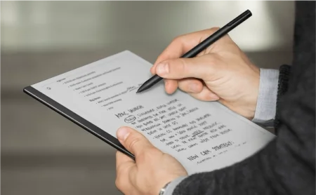 A reMarkable paper tablet showing notes being written with the Marker.