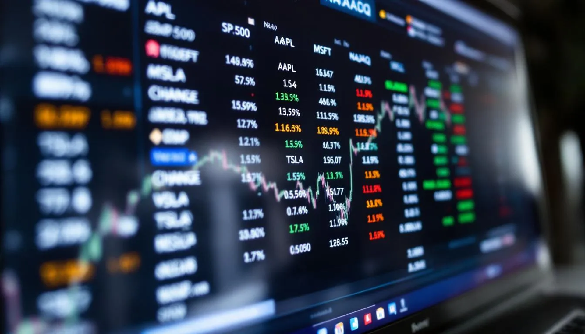 The image displays a financial data screen filled with various stock ticker symbols and their corresponding price information, showcasing companies listed on exchanges like NYSE and NASDAQ. Investors can see real-time changes in stock prices, reflecting the market's performance for different securities and equities.