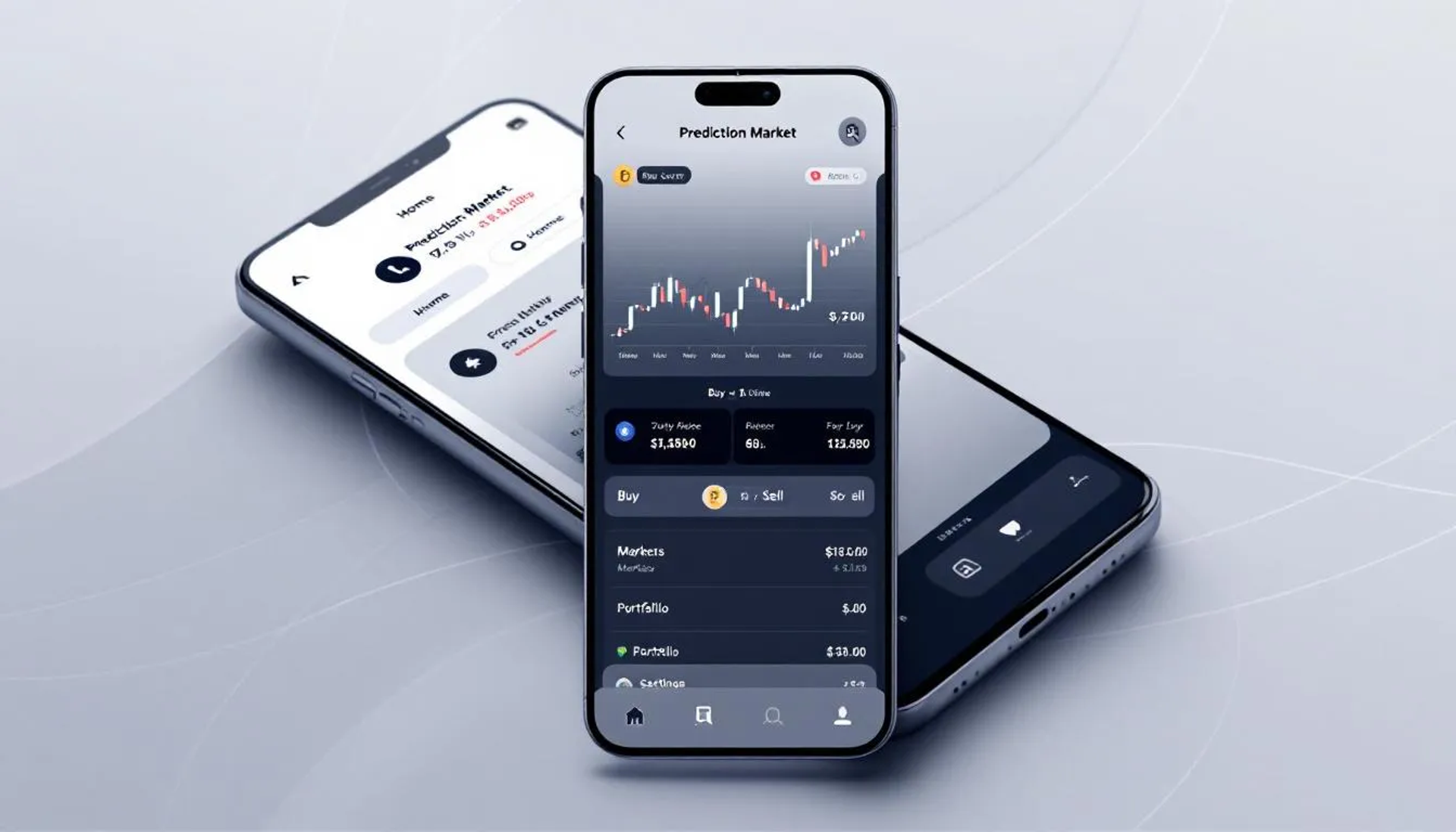 The image depicts a mobile app interface showcasing various screens related to prediction markets, where users can engage in trading event contracts and betting on outcomes such as presidential elections and financial events. The interface highlights features for tracking prices, making trades, and viewing market data, illustrating the dynamic nature of financial and political markets.