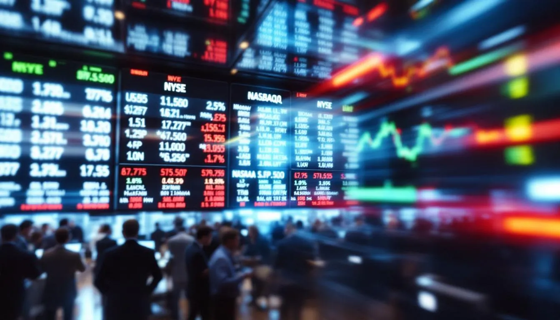 The image depicts a busy trading floor display filled with various exchange listings and ticker symbols, showcasing stock symbols from multiple companies including 'Guaranty Ltd' and 'Baldwin Inc.' Investors can see real-time changes in market data for equities and securities on the NYSE and NASDAQ exchanges.