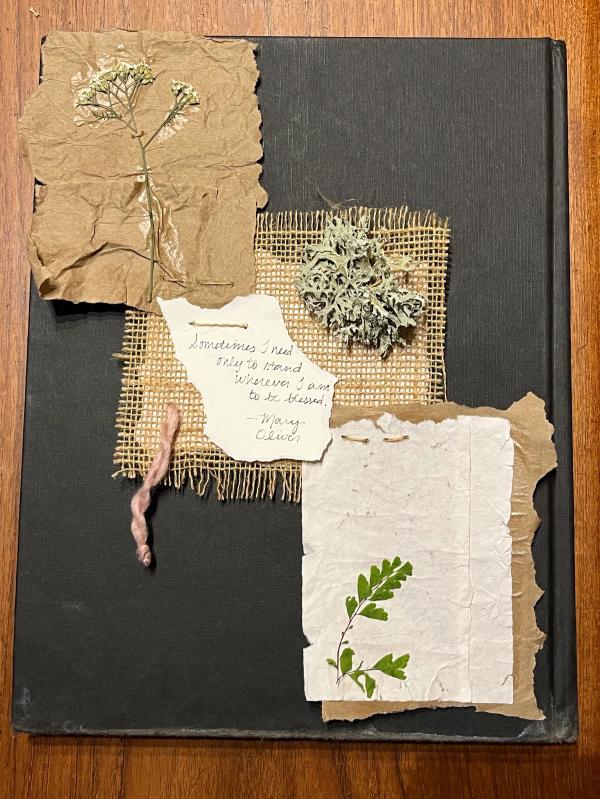 An art piece with yarrow, lichen, and maidenhair fern pasted on a light brown background. The poem in the middle reads "Sometimes I need only to stand wherever I am to be blessed." by Mary Oliver.