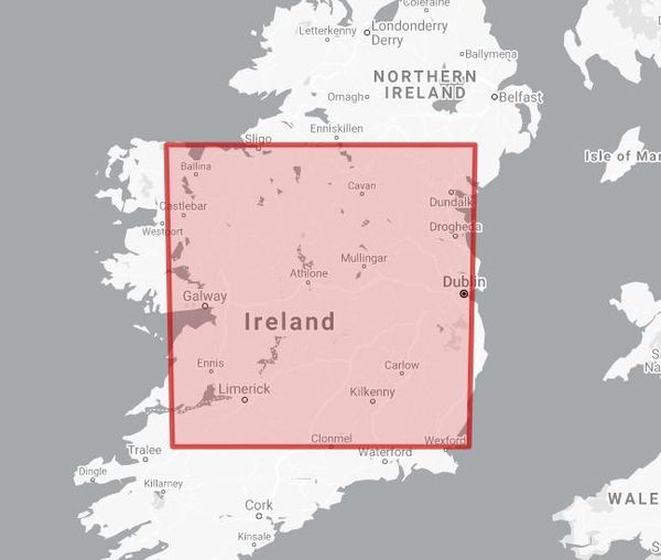 Image shows a map of Ireland with a red square overlay over the country. The overlay indicates the area that has been burned by the bush fires, to show a visual representation of the size of the area.