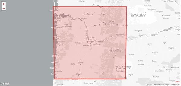 Image shows a map of Portland, OR with a red square overlay over the city and surrounding cities. The overlay indicates the area that has been burned by the bush fires, to show a visual representation of the size of the area.