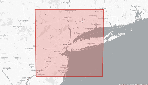 Image shows a map of New York City with a red square overlay over the city. The overlay indicates the area that has been burned by the bush fires, to show a visual representation of the size of the area.