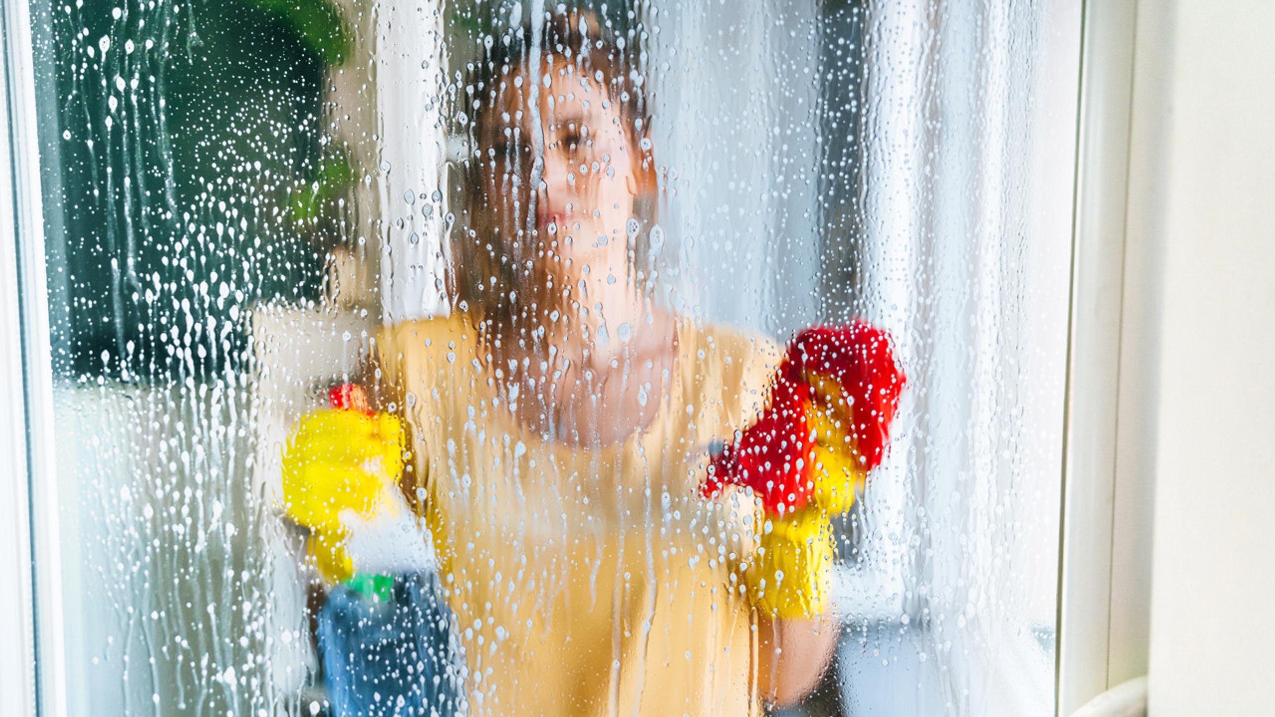 Young woman cleaning a window