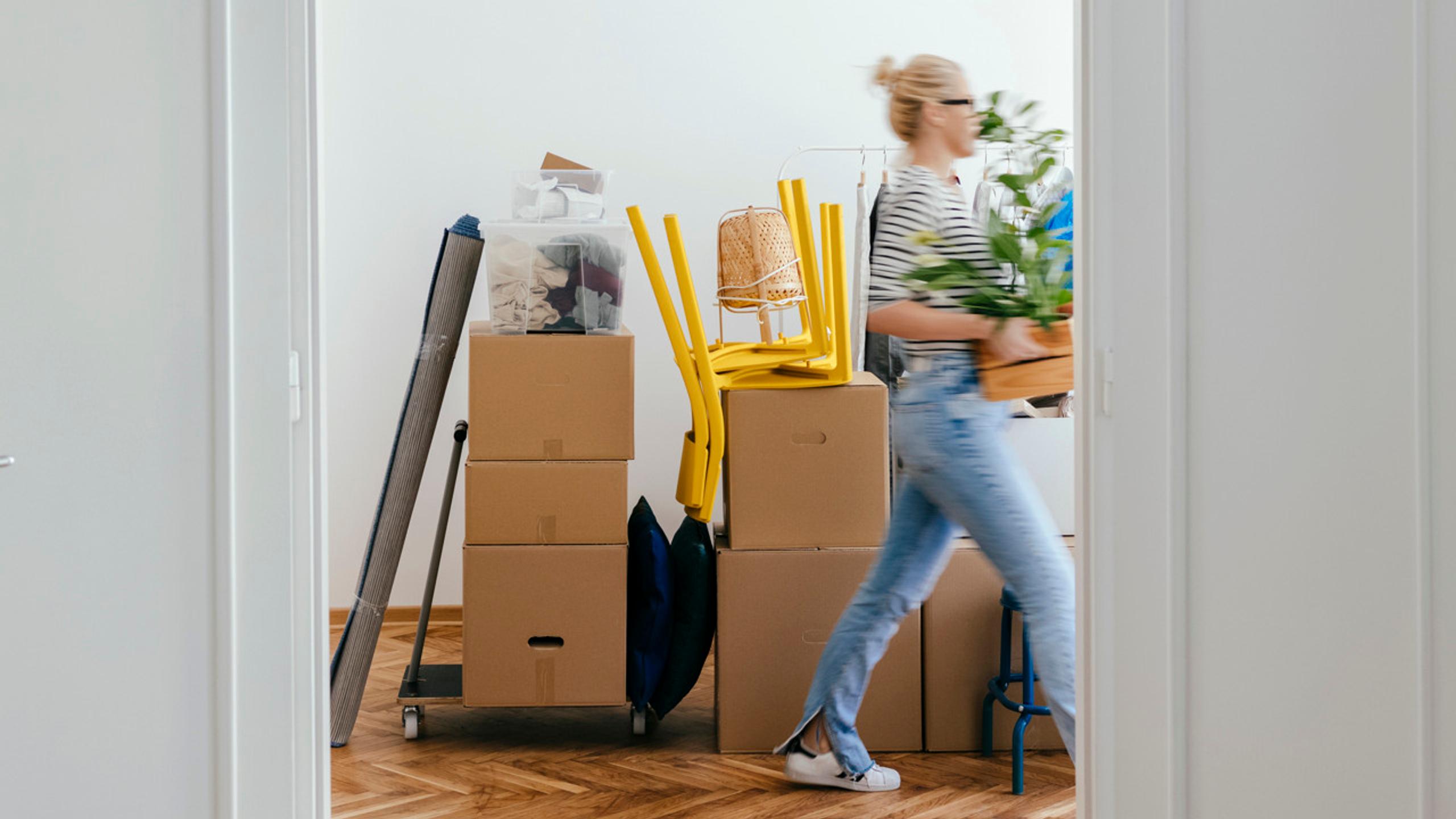 A young woman moving into an apartment, carrying a potted plant with moving boxes around her.