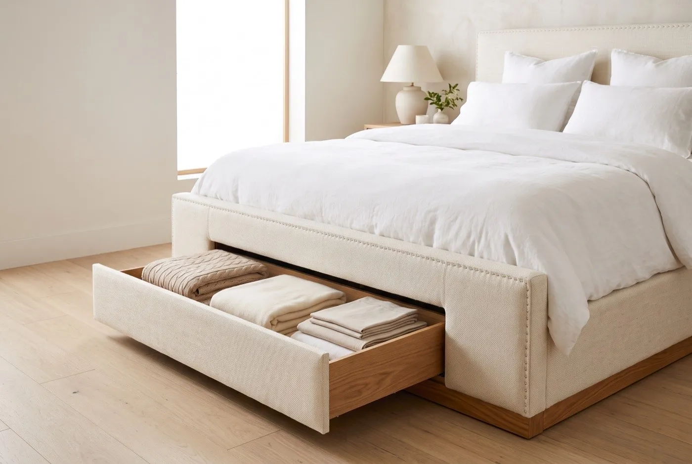 King bed frame with sliding under-bed storage drawer open showing organized linens