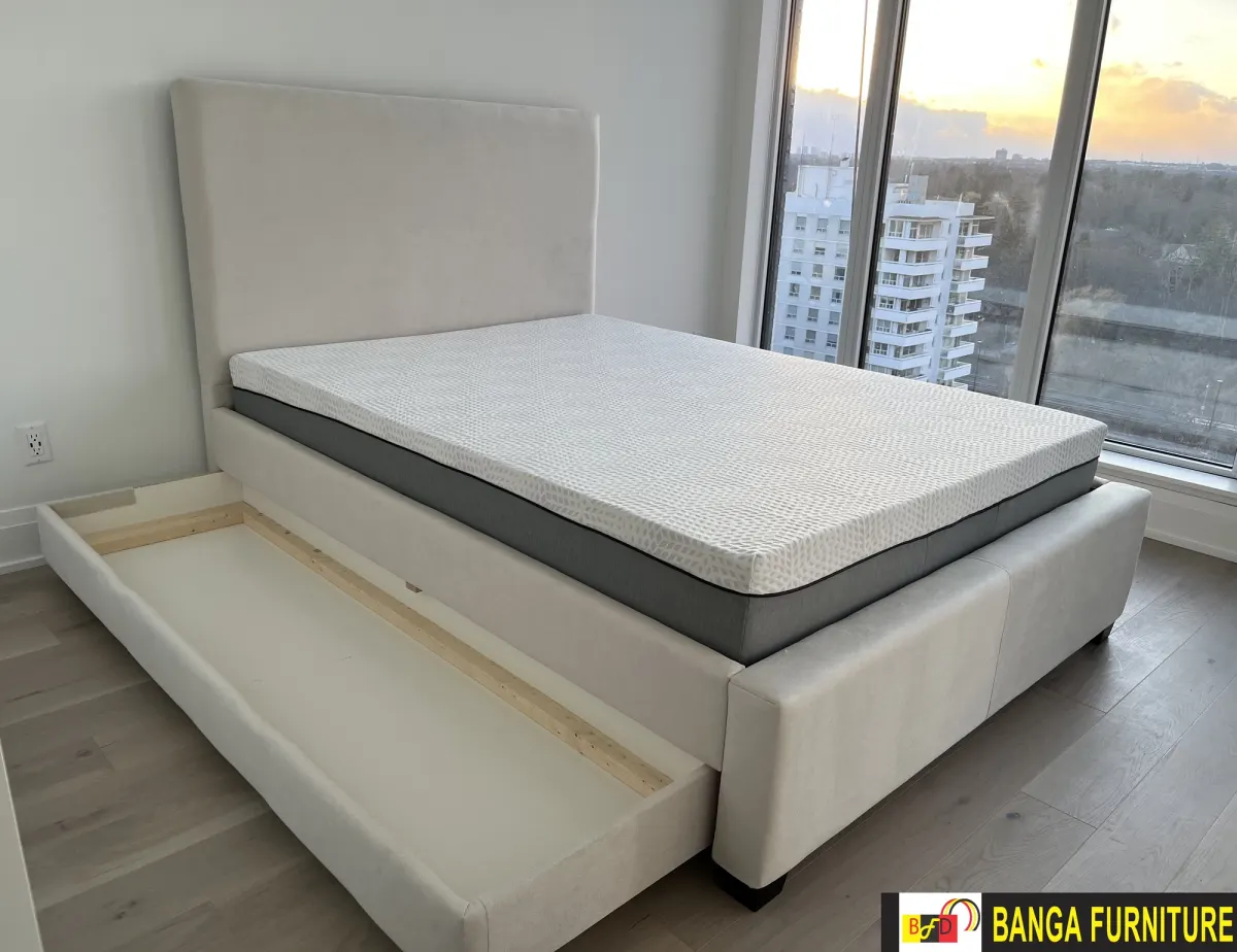 Queen lift-up storage bed frame — open position showing under-bed storage