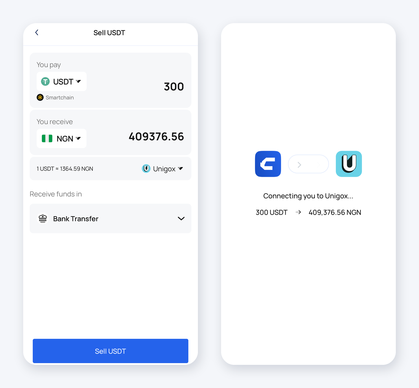 Cosine Wallet Sell USDT screen showing the Unigox rate, and the handoff screen connecting to Unigox