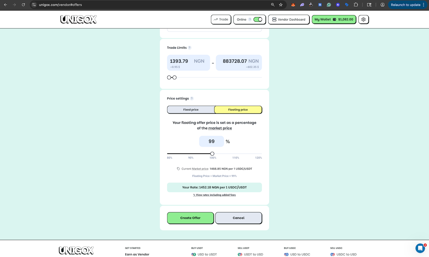 Create Offer on UNIGOX
