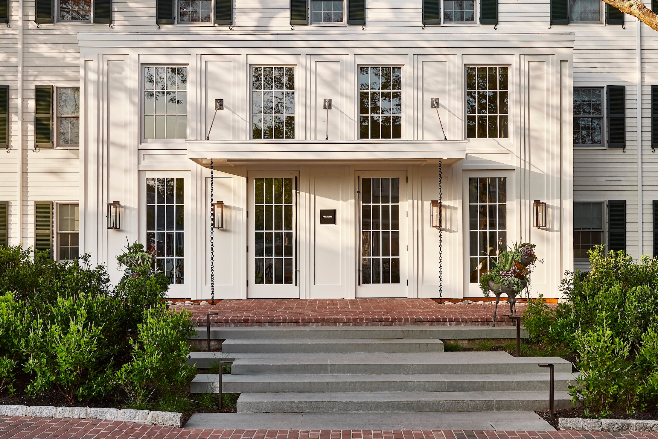 Miroslava-Land-and-Design-Nantucket-Landscape-Architecture-Faraway-Martha's-Vineyard-Elegant-White-Building-Entrance