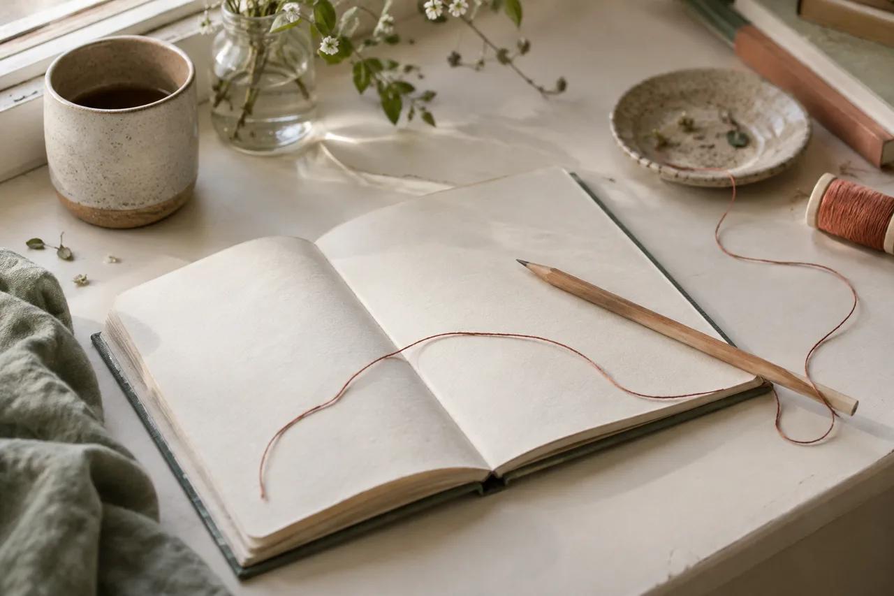Caderno aberto atravessado por um fio terracota sobre uma mesa clara.