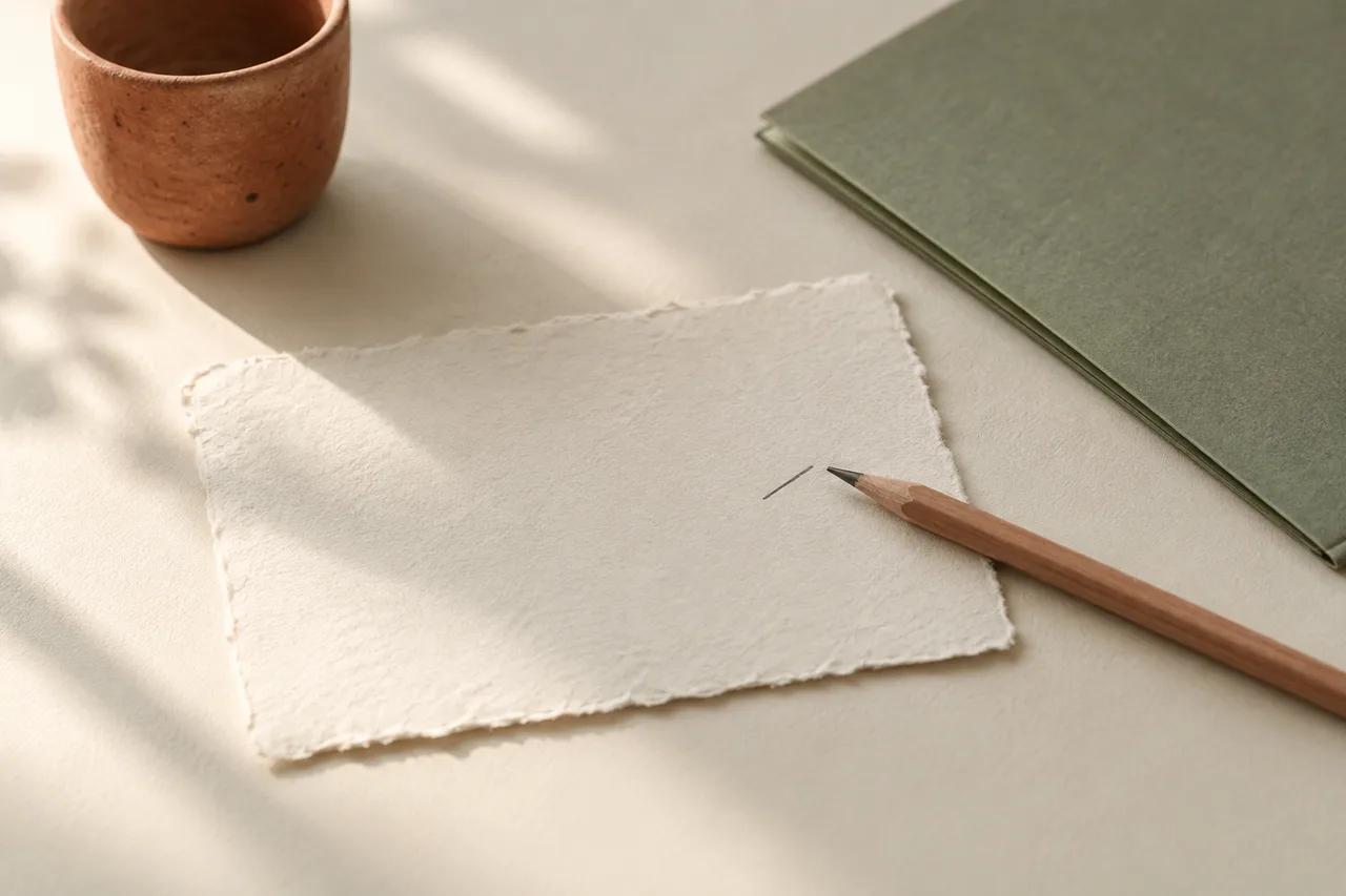 Primeiro traço a lápis em um pequeno papel artesanal.