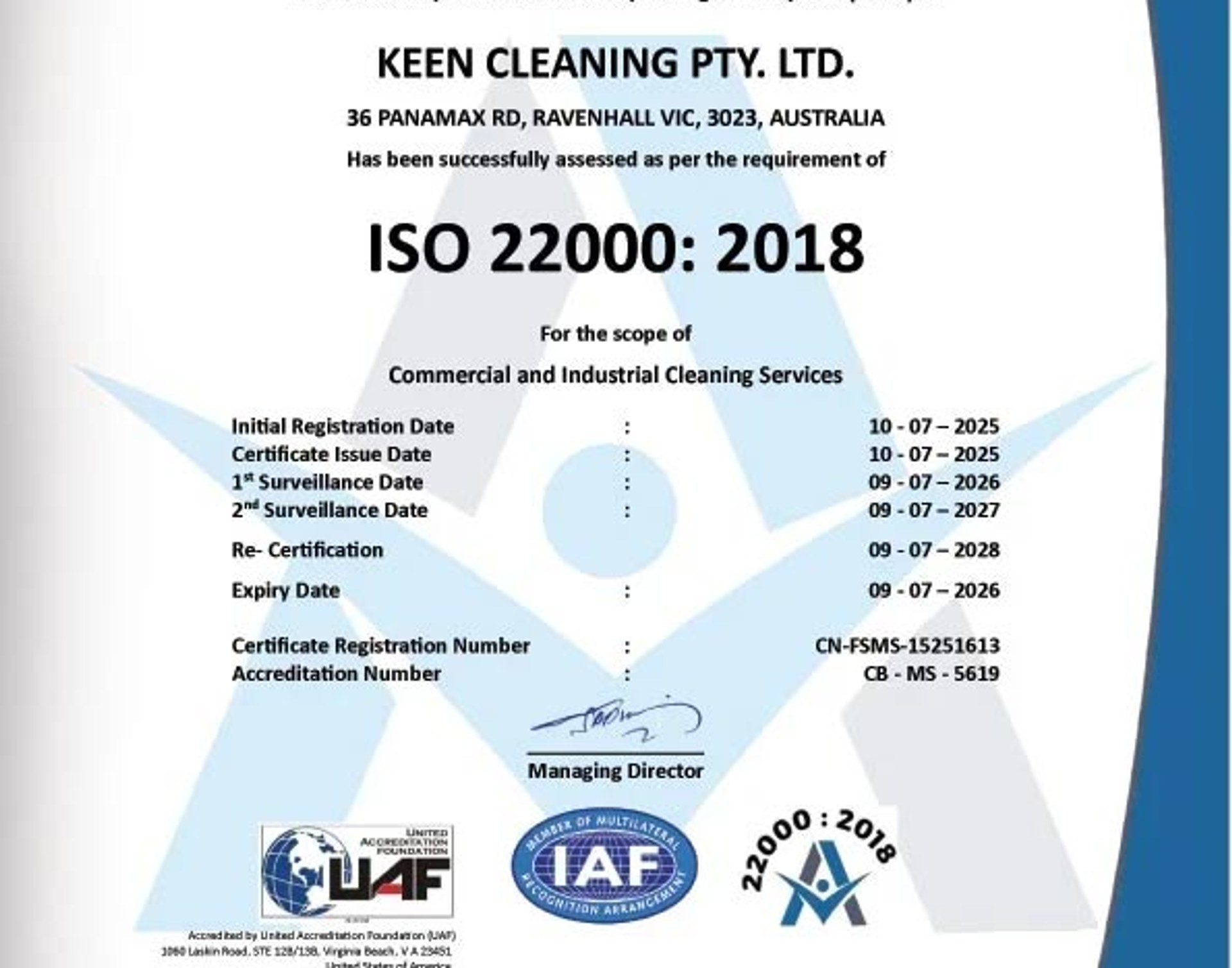 Keen Cleaning Pty Ltd — ISO 22000:2018 Food Safety Management System Certificate of Registration