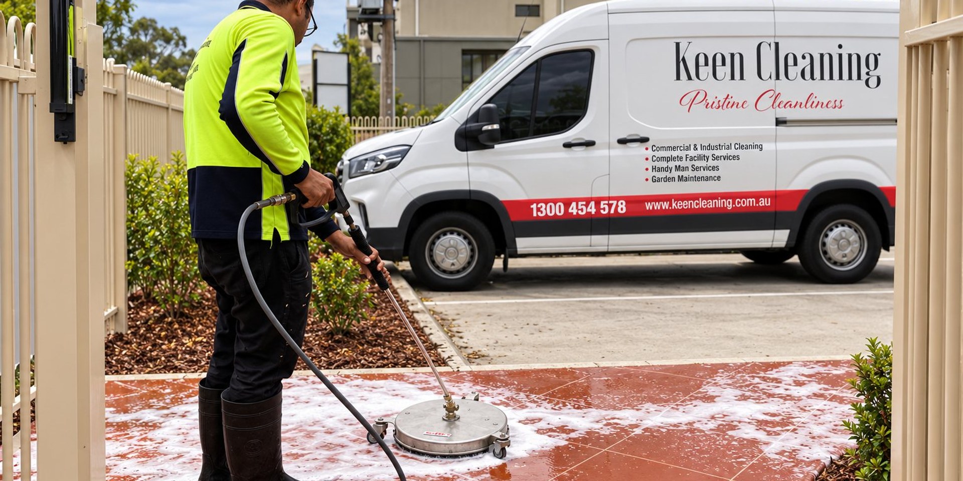 Keen Cleaning van on site while a technician pressure-washes outdoor tiles