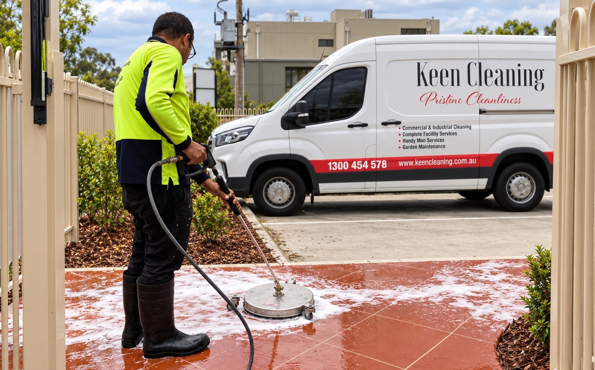 Keen Cleaning van on site while a technician pressure-washes outdoor tiles