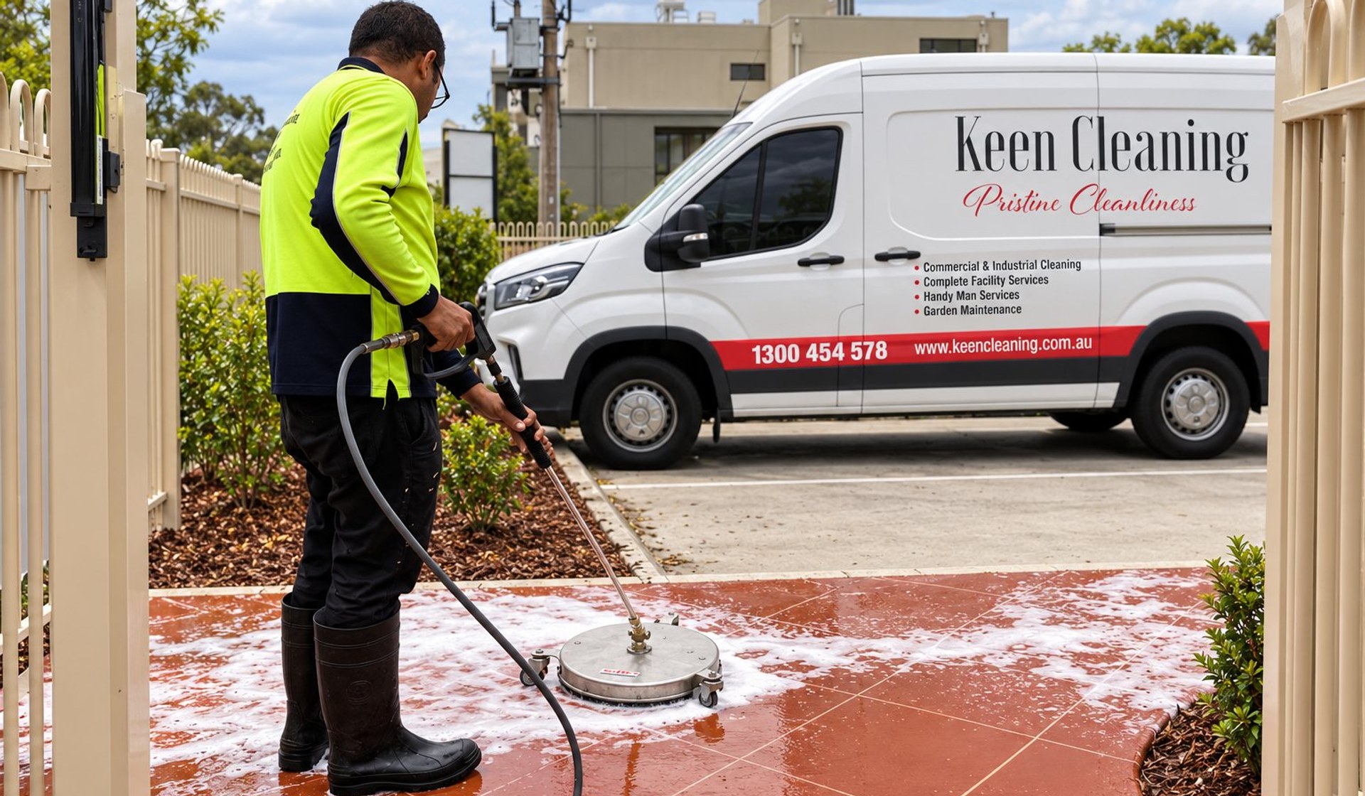Keen Cleaning van on site while a technician pressure-washes outdoor tiles