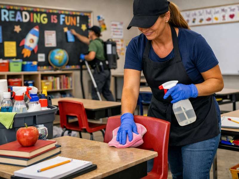Spotless modern school classroom ready for students