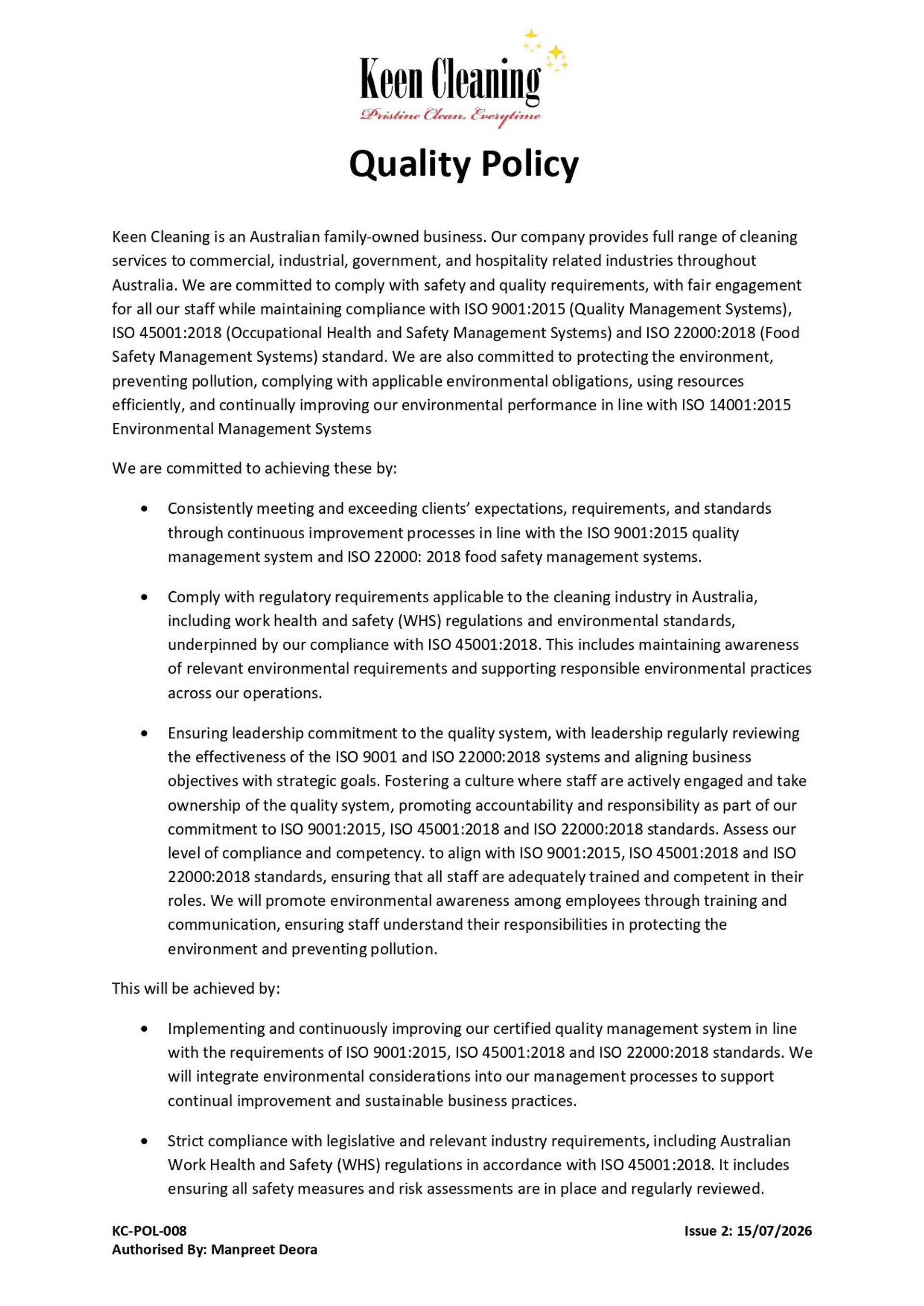 Keen Cleaning — Quality Policy document KC-POL-008, signed by Managing Director